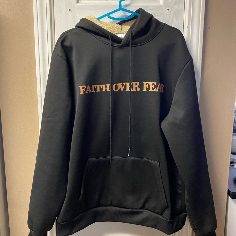 Faith Over Fear Black Oversized Hoodie with Orange Print. Unisex